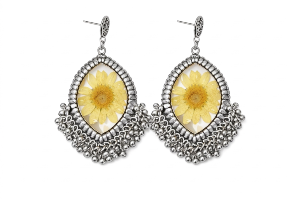 earring Handmade Resin & Real Dried Daisy Flower Dangle Earrings | Oxidised Silver Plated Boho Ethnic Jhumka Style(ARE-01)