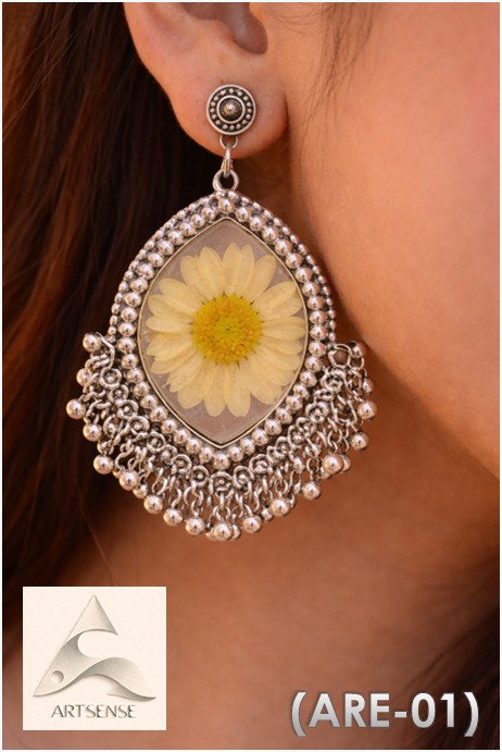 resin jewelry with real flowers Handmade Resin & Real Dried Daisy Flower Dangle Earrings | Oxidised Silver Plated Boho Ethnic Jhumka Style(ARE-01)
