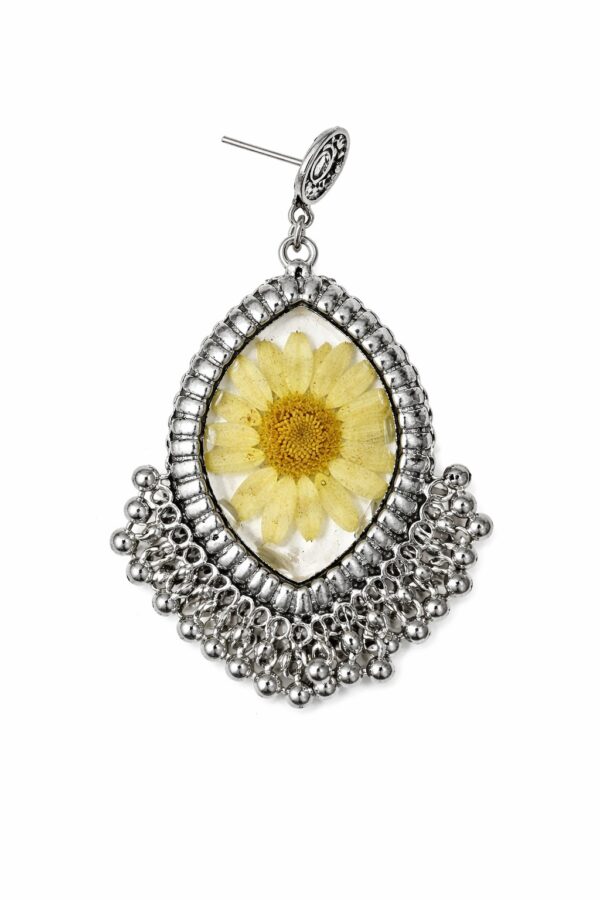 resin rose earrings Handmade Resin & Real Dried Daisy Flower Dangle Earrings | Oxidised Silver Plated Boho Ethnic Jhumka Style(ARE-01)