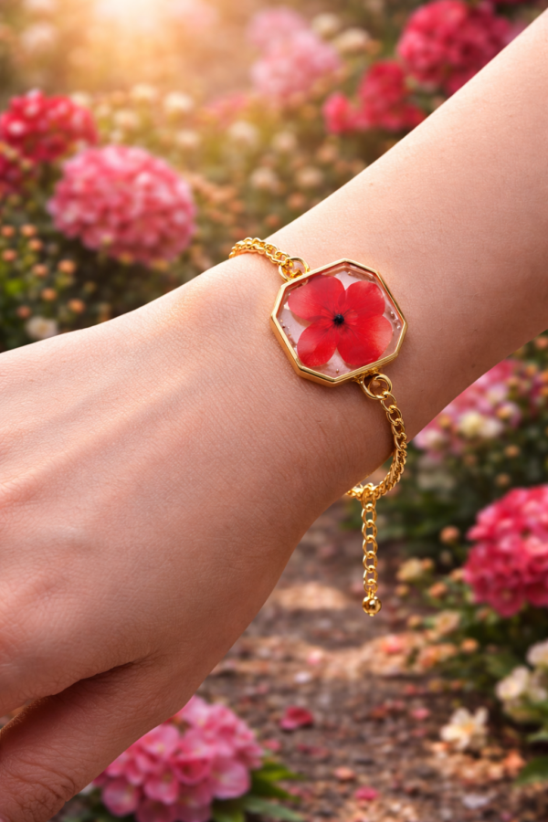 Real Dried red petal Flower Octagon Bracelet | Premium Aesthetic Gift Jewelry(ARB-03)