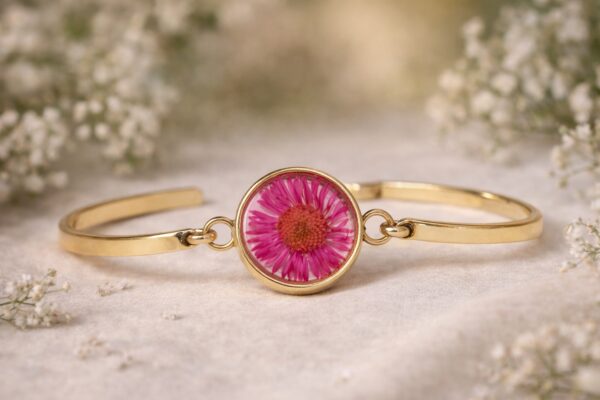 Real Dried Pink Daisy Floral Aesthetic Bracelet for Women | Adjustable Gold Plated Chain (ARB-01)