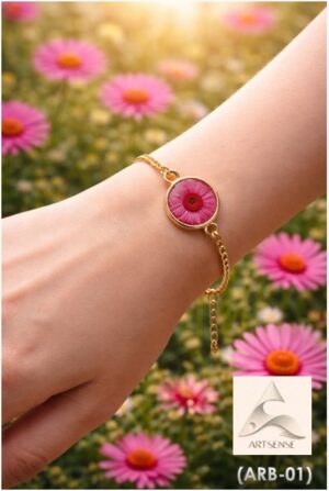 Real Dried Pink Daisy Floral Aesthetic Bracelet for Women | Adjustable Gold Plated Chain (ARB-01)